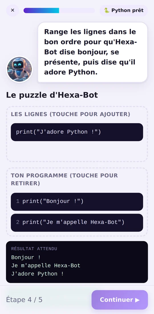 Le puzzle d'Hexa-Bot : l'enfant remet les lignes de code dans l'ordre